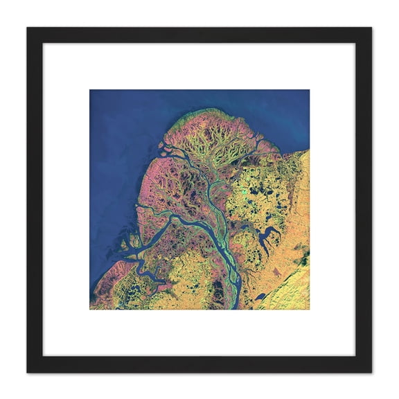 Abstract Rivers Bright Colours 8X8 Inch Square Wooden Framed Wall Art Print Picture with Mount