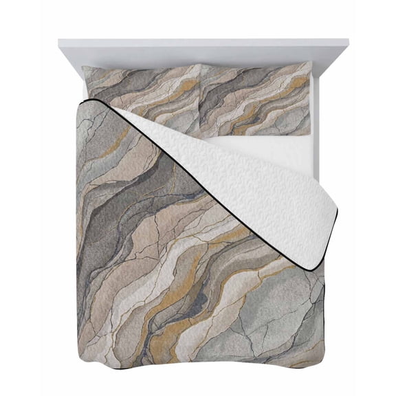 Abstract Rock Strata 3 Piece Quilt Set Queen Size, Industrial Style Layered Rock Strata Textures Soft Bedspread Coverlet Bedding Set Microfiber Comforter Set with 2 Pillowcases for Bedroom