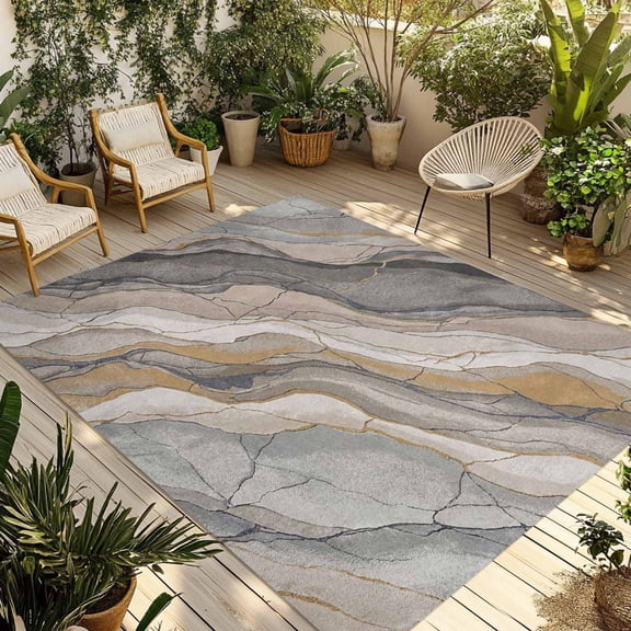 Abstract Rock Strata Outdoor Rug, Industrial Style Layered Rock Strata Textures Non-Slip Area Rugs Carpet Breathable Large Floor Mat for Outdoors Patio Porch Deck Beach 4’ x 6’