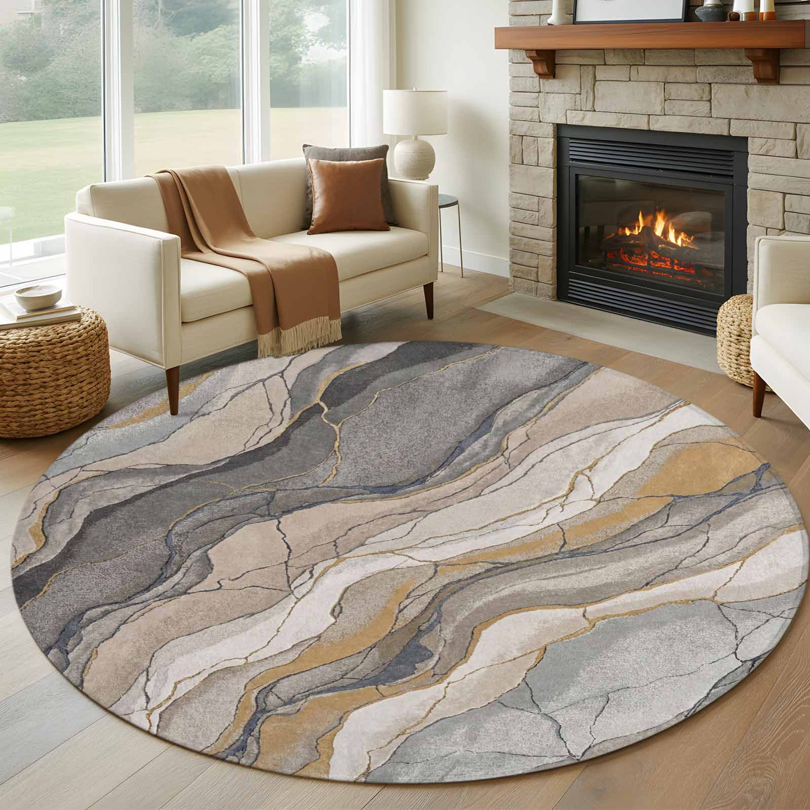 Rock Look Rug Abstract Rock Strata Round Rugs for Living Room 5ft Industrial Style ...
