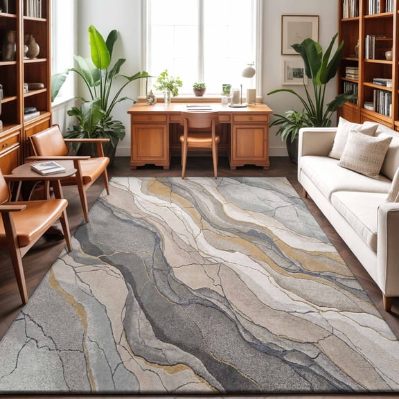 Abstract Rock Strata Washable Area Rug 9 x 12 ft Industrial Style Layered Rock Strata Textures, Soft Non Slip Rugs Stain Repellent Indoor Felt Carpet for Living Dining Room Bedroom Home Office