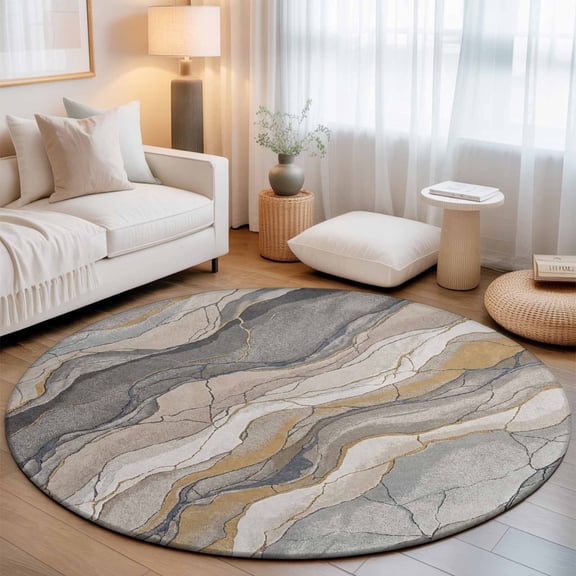 Abstract Rock Strata Washable Round Area Rug 7 ft, Industrial Style Layered Rock Strata Textures, Soft Non Slip Rugs Stain Repellent Indoor Felt Carpet for Living Dining Room Bedroom Home Office