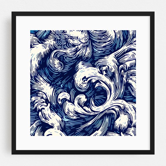 Abstract Rococo Blue N4 - Digital Art Waves Ocean Seascape Pattern Abstract Marine Life Black Framed Wall Art Print 20 x 20 inches