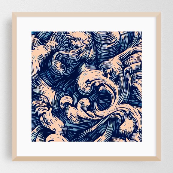 Abstract Rococo Blue N5 - Digital Art Waves Pattern Ocean Abstract Marine Life Seascape Nautical Oak Framed Wall Art Print 20 x 20 inches