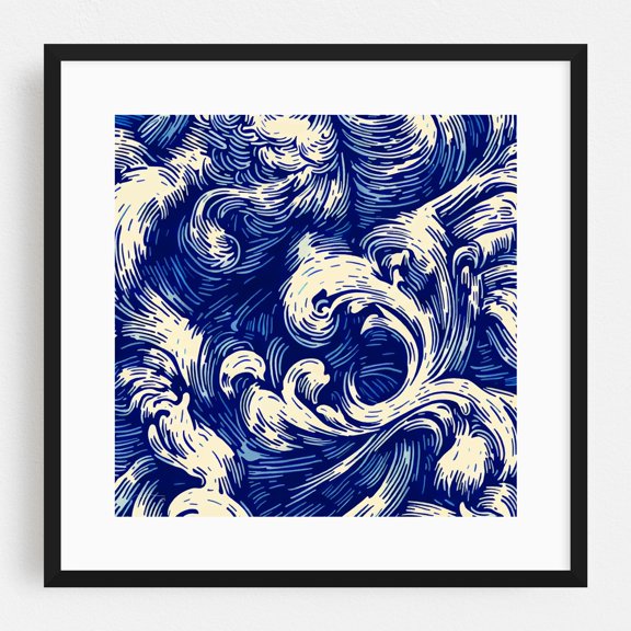 Abstract Rococo Dark Blue N6 - Digital Art Waves Abstract Ocean Pattern Seascape Marine Life Aquatic Black Framed Wall Art Print 20 x 20 inches