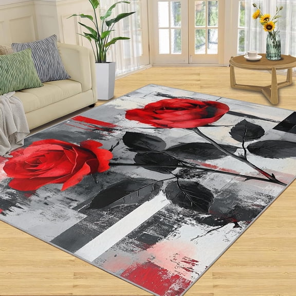 Abstract Rose Area Rug, Black Gray Red Washable Rug, Non Slip Low Pile Carpet for Living Room Bedroom Home Decor 2x3ft