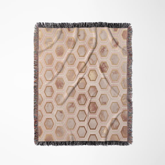 Abstract Rose Gold Trendy Geometrical Copper Marble Honey Comb Pattern, Woven Blanket