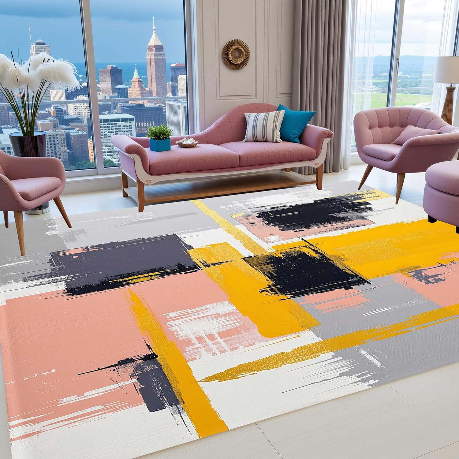 Abstract Rose Pink Yellow Grey Pattern Area Rug, Minimalist Modern ...