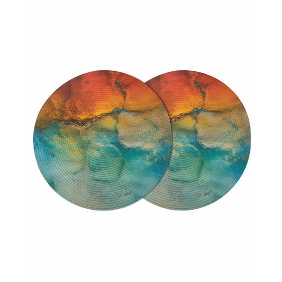 Abstract Round 13 Inch Placemats Set of 2, Orange Teal Green Gradient Fluid Modern Oil Painting HeatResistant Non Slip Place Mats for Dining Table, Wipeable Kitchen Table Mats for Housewarming