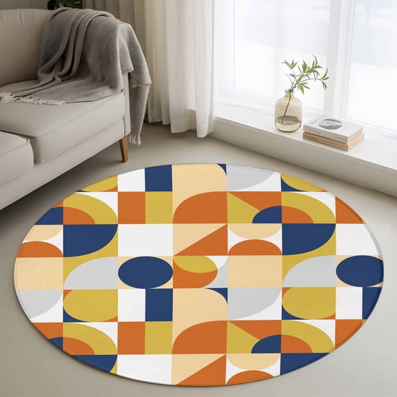 Abstract, Round Area Rug 3.3 FT, Non Slip Small Entryway Kitchen Mat, Modern Geometric Vintage Circle European Washable Soft Circular Rug Non-Shedding Door Mat for Bathroom Playroom Kids Room