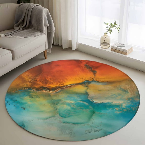 Abstract Round Area Rug 3Ft Washable Small Circle Rugs for Kitchen Entryway, Orange Teal Green Gradient Fluid Modern Oil Painting Non-Slip Carpet Floor Mats Indoor Outdoor Carpet Runner Home Decor