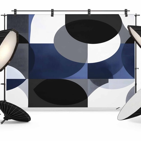 Abstract Round Backdrop for Photography, Visual Art Blue Black Square Stitching Photo Backdrop Portrait Background Party Banner Photo Backgrounds for Studio Booth Props, 12x8ft