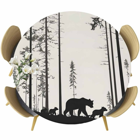 Abstract Round Fitted Table Cover Animal Bear Family Forest Trees Silhouette Waterproof Table Cloth with Elastic Edge Wipeable Tablecloth for Picnic Camping Party Fits 45"-54" Diameter