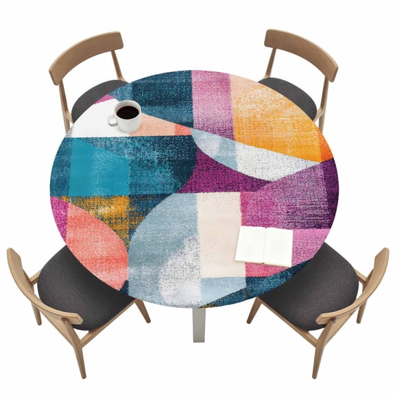 Abstract Round Fitted Tablecloth with Elastic Edge Blue Pink Yellow Angular Composition Table Cover Fit for 36"-44" Tables Waterproof Tablecloths for Dinner Camping Picnic