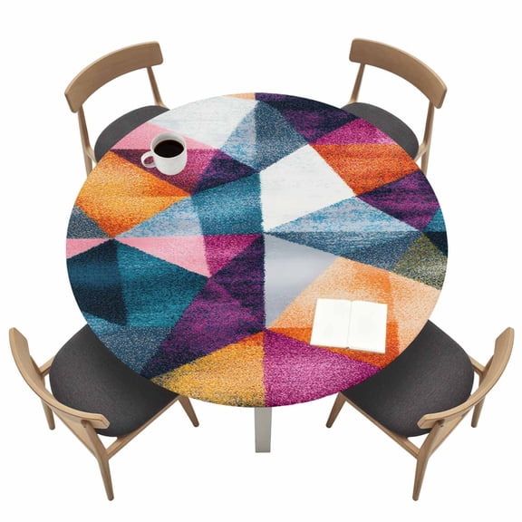 Abstract Round Fitted Tablecloth with Elastic Edge Blue Yellow Pink Angular Composition Table Cover Fit for 36"-44" Tables Waterproof Tablecloths for Dinner Camping Picnic