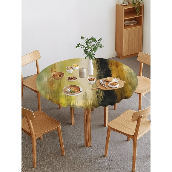Abstract Round Fitted Tablecloth with Elastic Edge, Olive Green Amber Yellow Splattered Paint Specks Style Waterproof Stretch Table Covers for 36"-44" Tables Wipeable Table Cloth for Outdoor