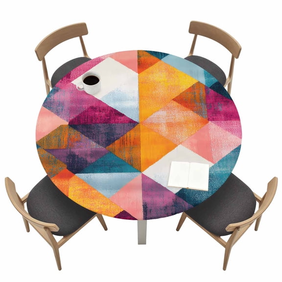 Abstract Round Fitted Tablecloth with Elastic Edge Yellow Blue Pink Angular Composition Table Cover Fit for 36"-44" Tables Waterproof Tablecloths for Dinner Camping Picnic