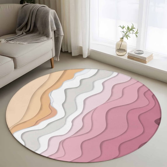 Abstract Round Living Room Rugs 4 ft, Pink Gradient Ocean Beach Waves Washable Area Rug with Non-Slip Sturdy Edge Binding Round Carpet for Entryway Kitchen Bedroom Bathroom