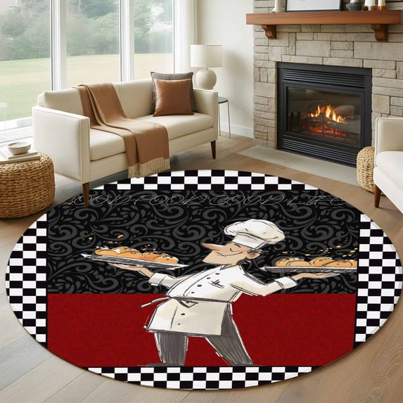 Abstract Round Living Room Rugs 6 ft, Cartoon Style Chef Bread White Black Checkered Border Washable Area Rug with Non-Slip Sturdy Edge Binding Round Carpet for Kitchen Office Bedroom