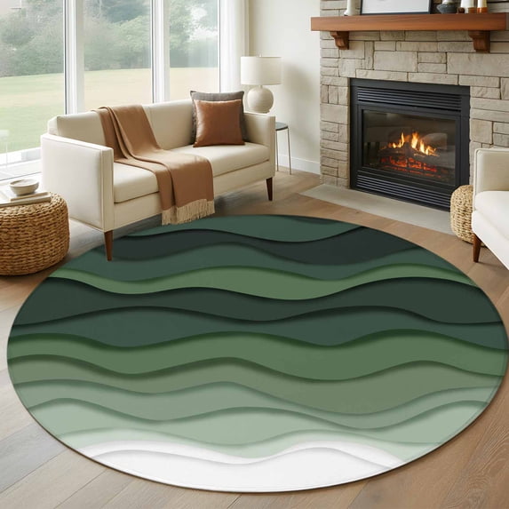 Abstract Round Living Room Rugs 7 ft, Sage Green Gradient Ocean Waves Sandy Beach Washable Area Rug with Non-Slip Sturdy Edge Binding Round Carpet for Kitchen Office Bedroom