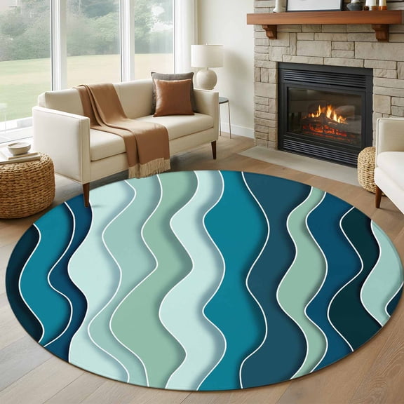Abstract Round Living Room Rugs 8 ft, Teal Gradient Waves Beach Lines Washable Large Area Rug with Non-Slip Sturdy Edge Binding Round Carpet for Dining Room Kitchen Office