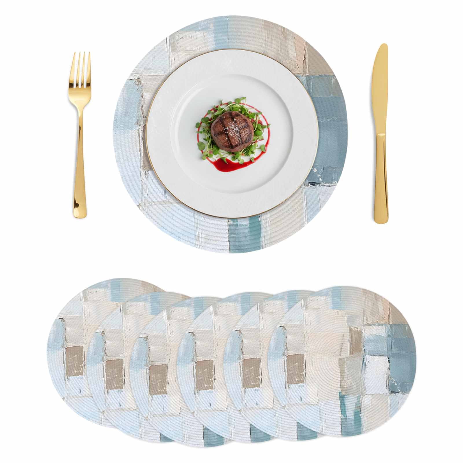 Abstract Round Placemats Set of 6 Simple Geometric Blue Brown Colors ...