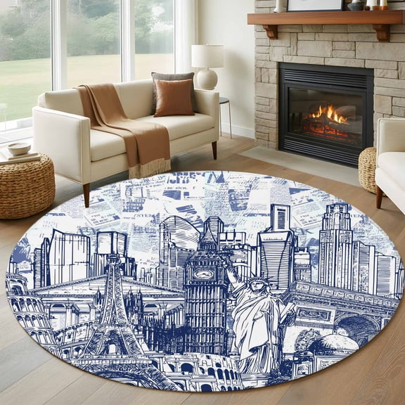 Abstract Round Rug 6Ft White and Navy Blue Global Landmarks Collage Art Circle Area Rugs Washable Non Slip Indoor Floor Mats Carpet for Living Room Bedroom Dining Room Home Decor