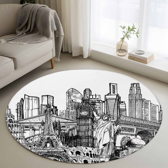 Abstract Round Rugs for Living Room 3ft Black and White Global Landmarks Modern Collage Art Non Slip Circle Rug Washable Low-Profile Indoor Carpet for Bedroom, Dining Room, Bathroom