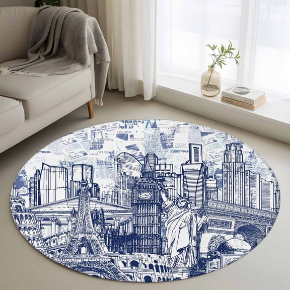Abstract Round Rugs for Living Room 3ft White and Navy Blue Global Landmarks Collage Art Non Slip Circle Rug Washable Low-Profile Indoor Carpet for Bedroom, Dining Room, Bathroom