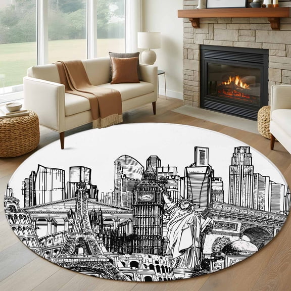 Abstract Round Rugs for Living Room 7ft Black and White Global Landmarks Modern Collage Art Non Slip Circle Rug Washable Low-Profile Indoor Carpet for Bedroom, Dining Room, Bathroom