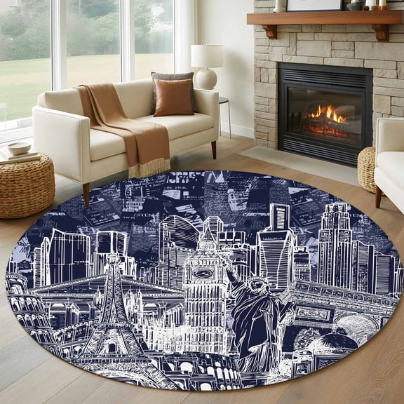 Abstract Round Rugs for Living Room 7ft Navy Blue and White Global Landmarks Collage Art Non Slip Circle Rug Washable Low-Profile Indoor Carpet for Bedroom, Dining Room, Bathroom