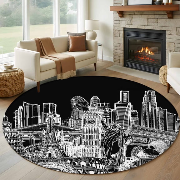 Abstract Round Rugs for Living Room 7ft White and Black Global Landmarks Modern Collage Art Non Slip Circle Rug Washable Low-Profile Indoor Carpet for Bedroom, Dining Room, Bathroom