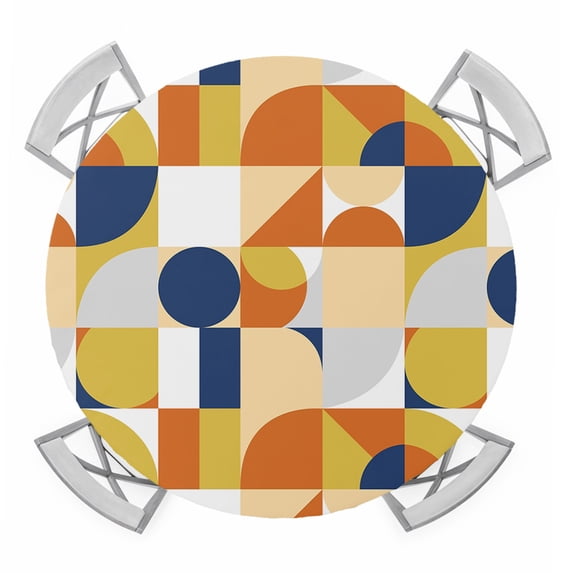 Abstract Round Tablecloth for 45-54 Inch Tables, Fitted Table Cover with Elastic Edge, Modern Geometric Vintage Circle European Waterproof Outdoor Table Cloth Protector for Patio Garden Dinner Picnic