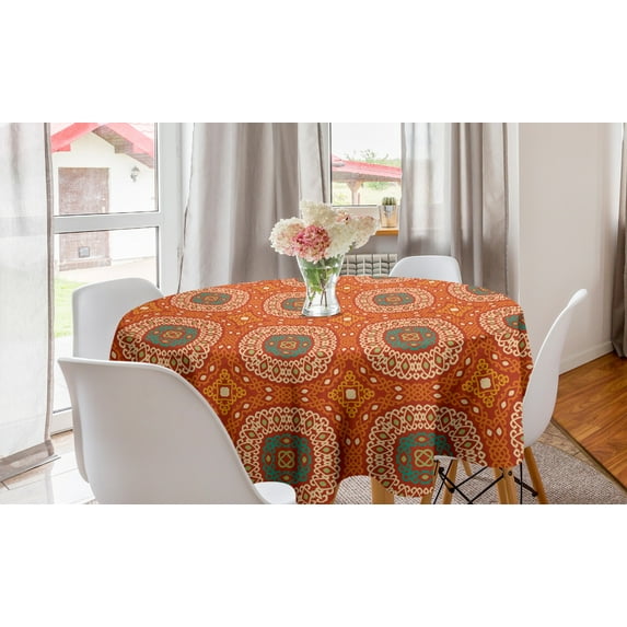 Abstract Round Tablecloth, Bohemian Pattern of Strokes in Earth Tones, Circle Table Cloth Cover for Dining Room Kitchen Decor, 60", Burnt Orange Multicolor, by Ambesonne