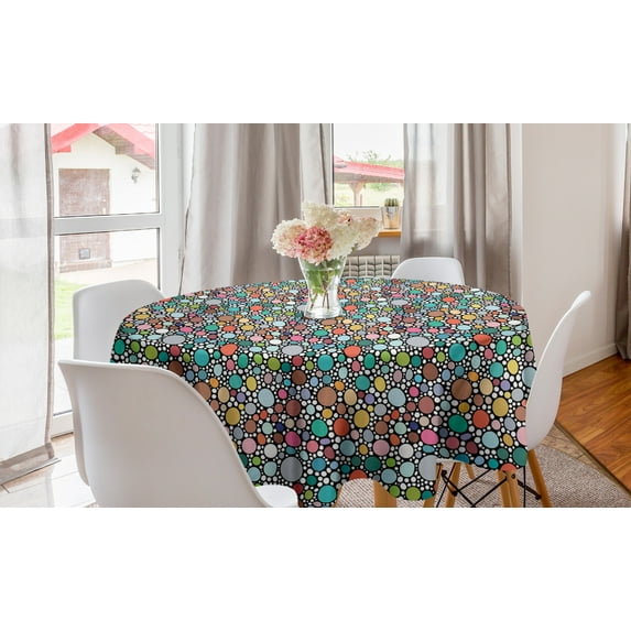 Abstract Round Tablecloth, Circular Egg Like Shapes in Various Size and Colors Modern Illustration, Circle Table Cloth Cover for Dining Room Kitchen Decor, 60", Multicolor, by Ambesonne