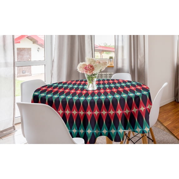 Abstract Round Tablecloth, Colorful Diamond Like Symmetrical Shapes, Circle Table Cloth Cover for Dining Room Kitchen Decor, 60", Indigo Multicolor, by Ambesonne