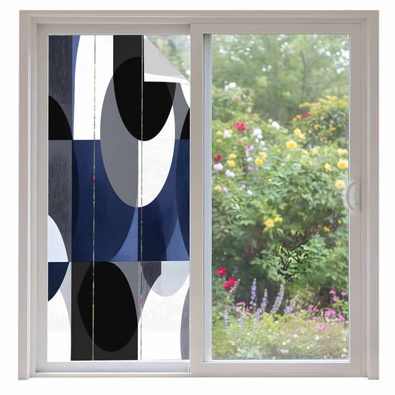 Abstract Round Window Privacy Film Visual Art Blue Black Square Stitching Decorative Glass Window Film UV Blocking Static Cling Non-Adhesive Sticker Covering for Home Door 35.4x78.7 inches