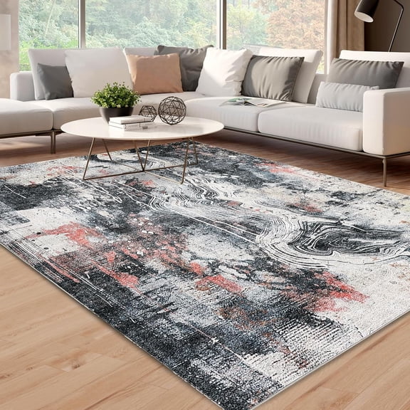 Abstract Rug 6x9, Large Soft Throw Rugs, Neutral Modern Design, Non-Slip & Stain Resistant, Machine Washable, Low Pile, Living Room, Bedroom