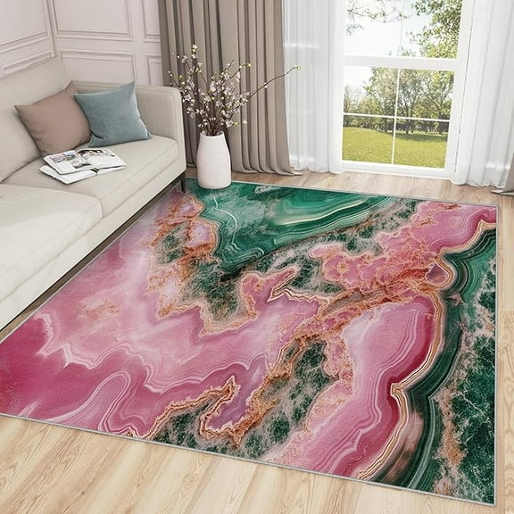 Abstract Rug - Marble Rug - Abstract Modern Luxury Area Rug - Emerald Green And Pink Rugs - Aesthetic Carpet - Marble Home Decor Gifts 5'3" x 6'7"