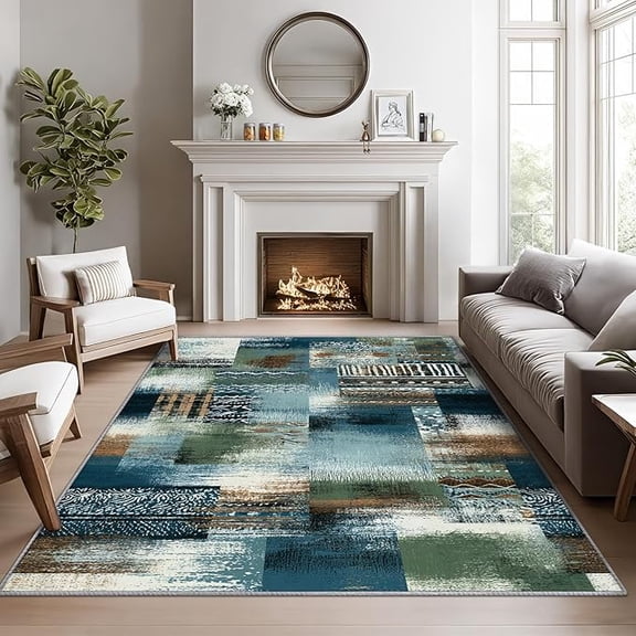 Abstract Rugs for Living Room -Blue Green Modern Rug, Teal Geometric Patchwork Area Rug, Boho Tribal Washable Non-Slip Stain Resistant, Modern Abstract Home Decor & Gifts 3 x 5ft