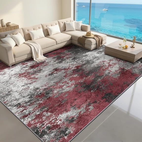 Abstract Rugs for Living Room, Modern Abstract Home Decor, Red Grey Contemporary Living Room Rug, Distressed Burgundy Washable Rugs for Bedroom, Artistic Carpet, Modern Gifts 2 x 3ft