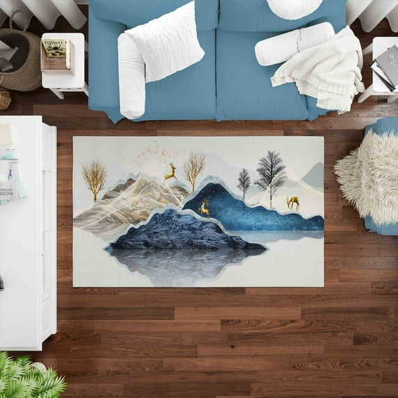 Abstract Rugs, Minimal Mountain Painting Rugs, Bathroom Rug, Golden Deer Rugs, Door Mat Rug, Cool Rugs, Landscape Rug, Large Rugs, 3.3'x6.5' - 100x200 cm