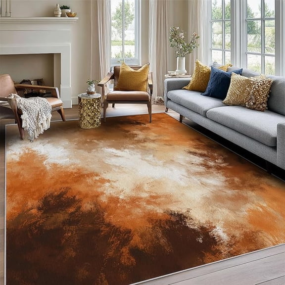 Abstract Rugs for Living Room, Burnt Orange Brown Modern Home Decor Indoor Carpet for Bedroom, Washable Abstract Area Rugs, Non-Slip Backing 3 x 5ft
