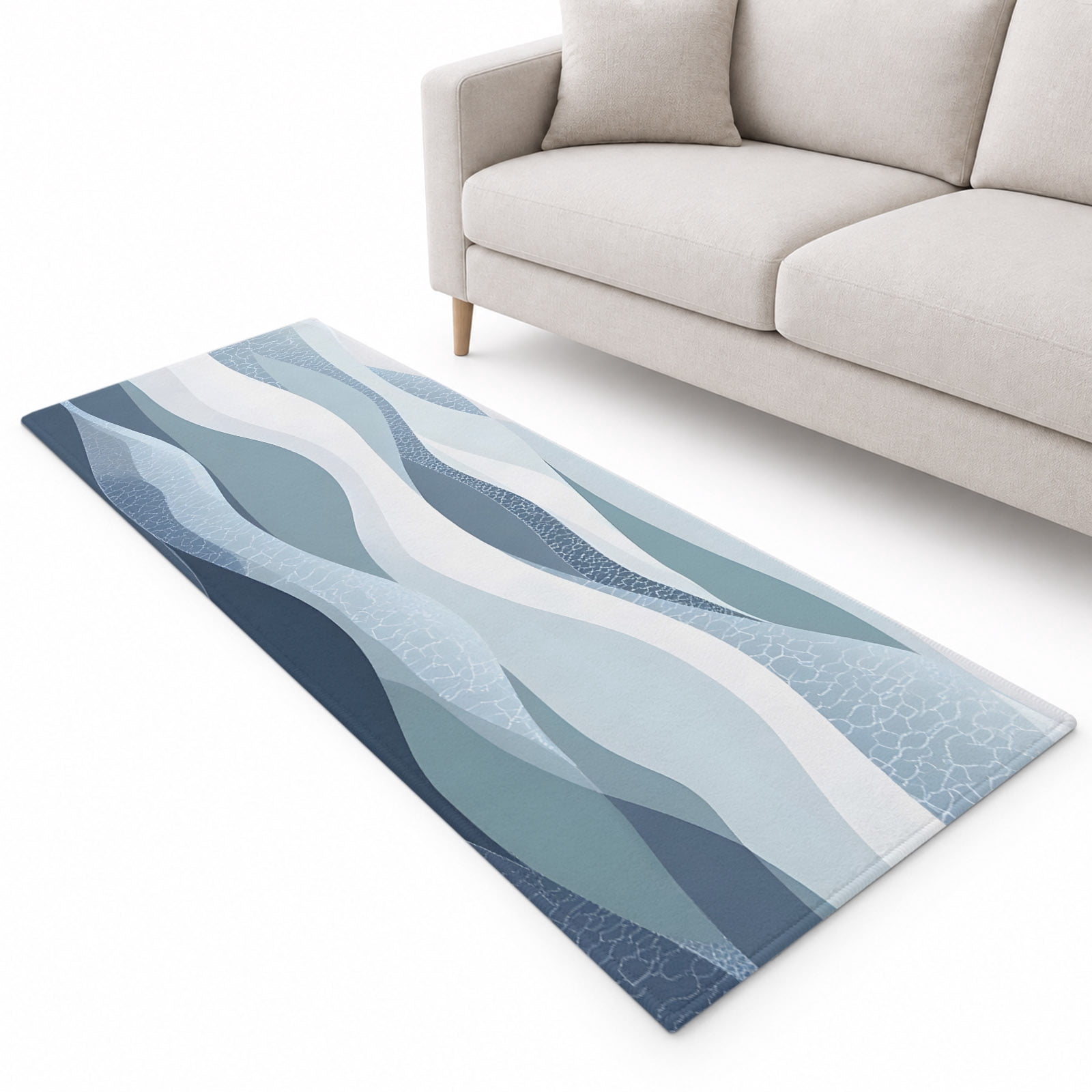 Abstract Runner Rug 2.6'x10', Sea Wave Geometric Blue Grey Gradient ...