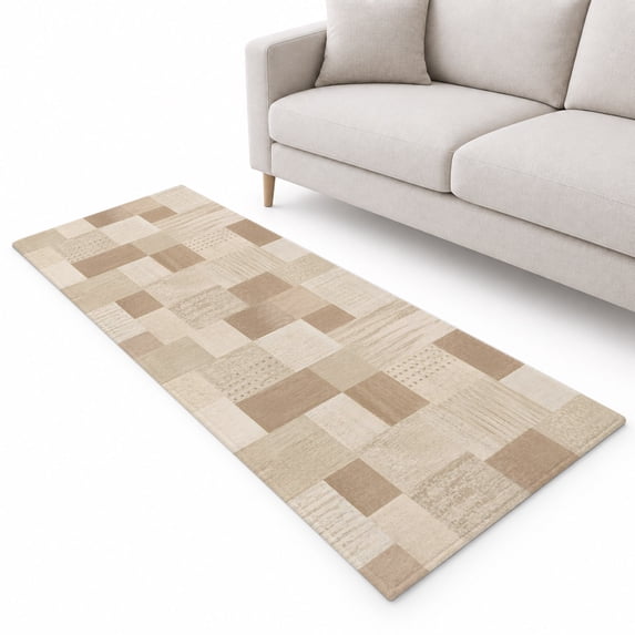 Abstract Runner Rug 2.6'x8', Beige Brown Wood Grain Patchwork Blocks ...