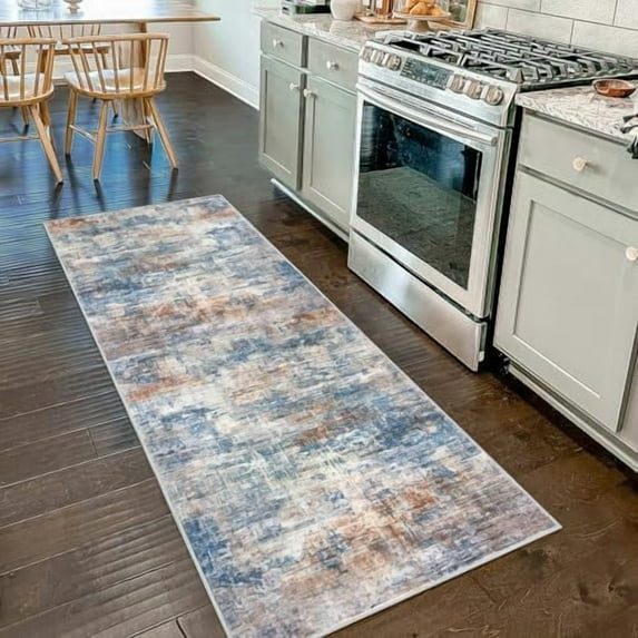 Abstract Runner Rug 2x7 Ft Washable Runners for Hallways, Non Slip Kitchen Runner Printed Faux Wool Entryway Runners Indoor, Modern Abstract Floor Carpet for Hall Kitchen Bedroom, Blue Rust