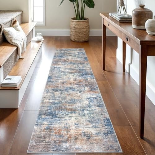 Abstract Runner Rug 2x8 Ft Washable Runners for Hallways, Non Slip Kitchen Runner Printed Faux Wool Entryway Runner Indoor, Modern Abstract Floor Carpet for Hall Bedroom, Blue Rust