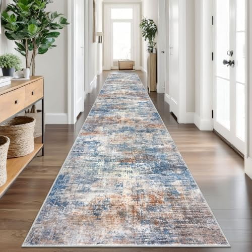 Abstract Runner Rug 3x18 Ft Extra Long Washable Runners for Hallways, Non Slip Kitchen Runner Printed Faux Wool Entryway Runner Indoor, Modern Abstract Floor Carpet for Hall Stair, Blue Rust