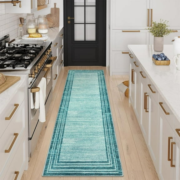 Abstract Runner Rug, Teal 2.5x8 Runners for Hallways - Washable Non-Slip Kitchen Rug Runner with Low-Pile Soft Entryway Design