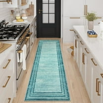 Abstract Runner Rug, Teal 2.5x8 Runners for Hallways - Washable Non-Slip Kitchen Rug Runner with Low-Pile Soft Entryway Design